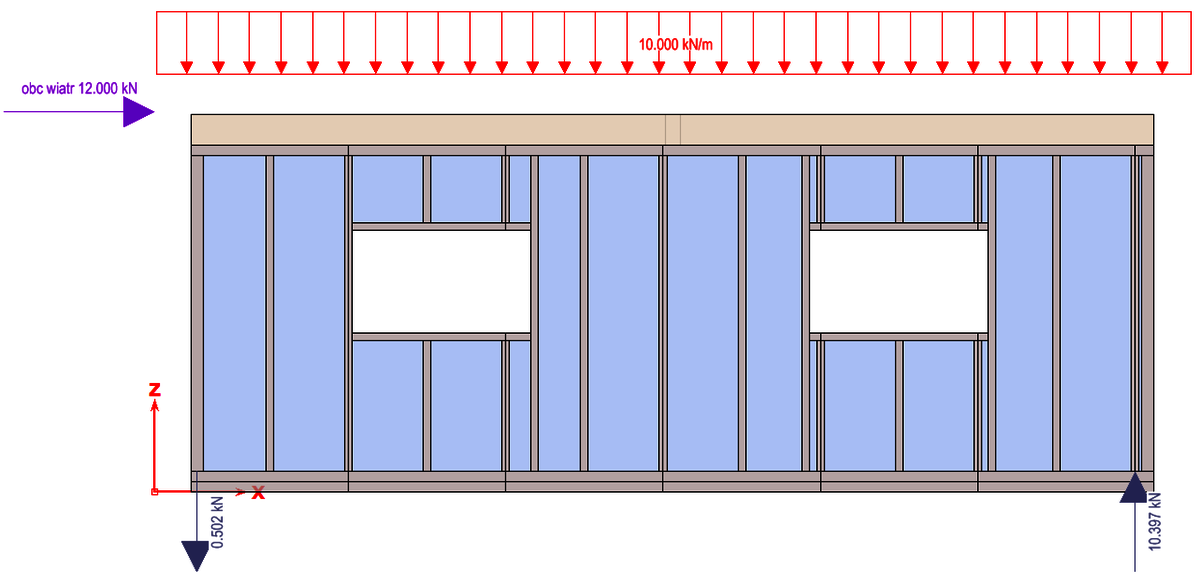 Obliczenia ścian szkieletowych - obciążenia i reakcje