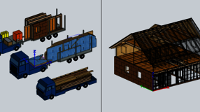 Budynek i prefabrykatów drewnianych na stojaki transportowych